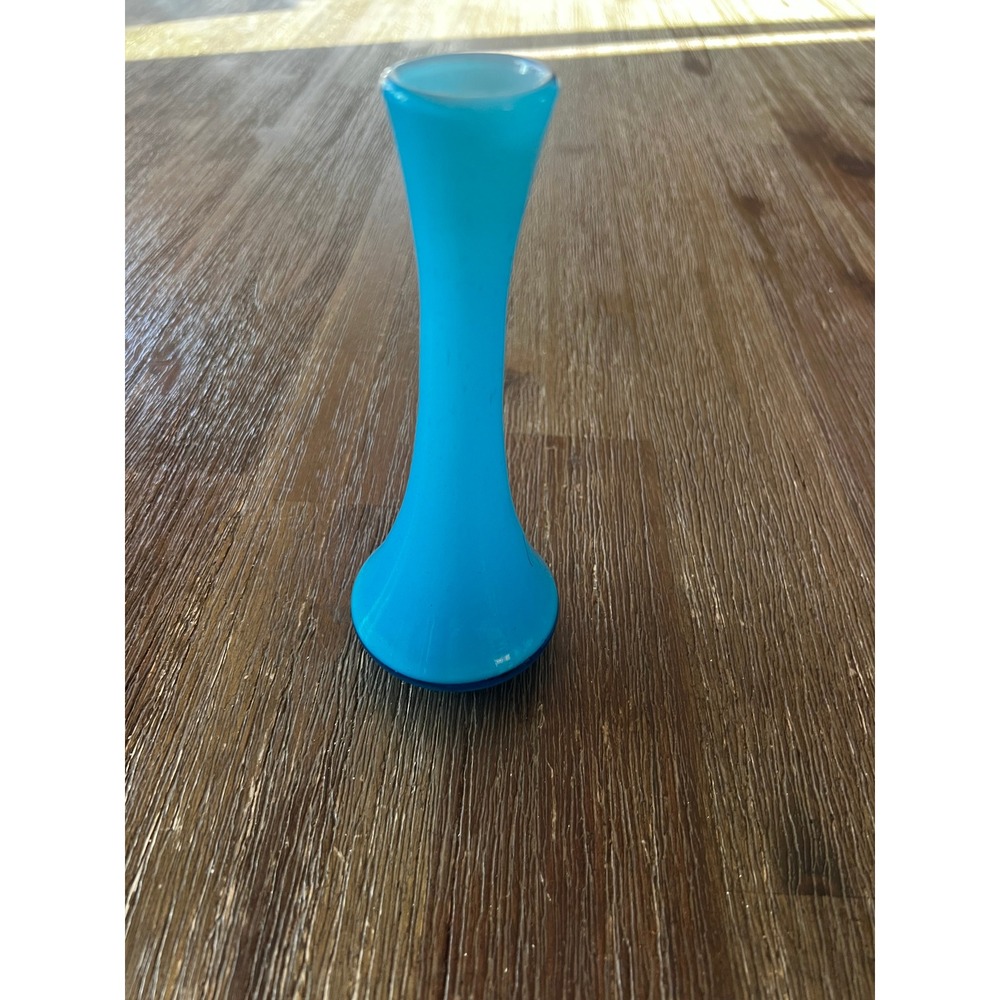 Vintage Mid Century Turquoise Blue Cased Glass Bud Vase 7 Inch Hourglass Shape
